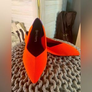 Rothy’s, Orange Flats, Never Worn, Black and White Stripe on Back w/Blue Accent